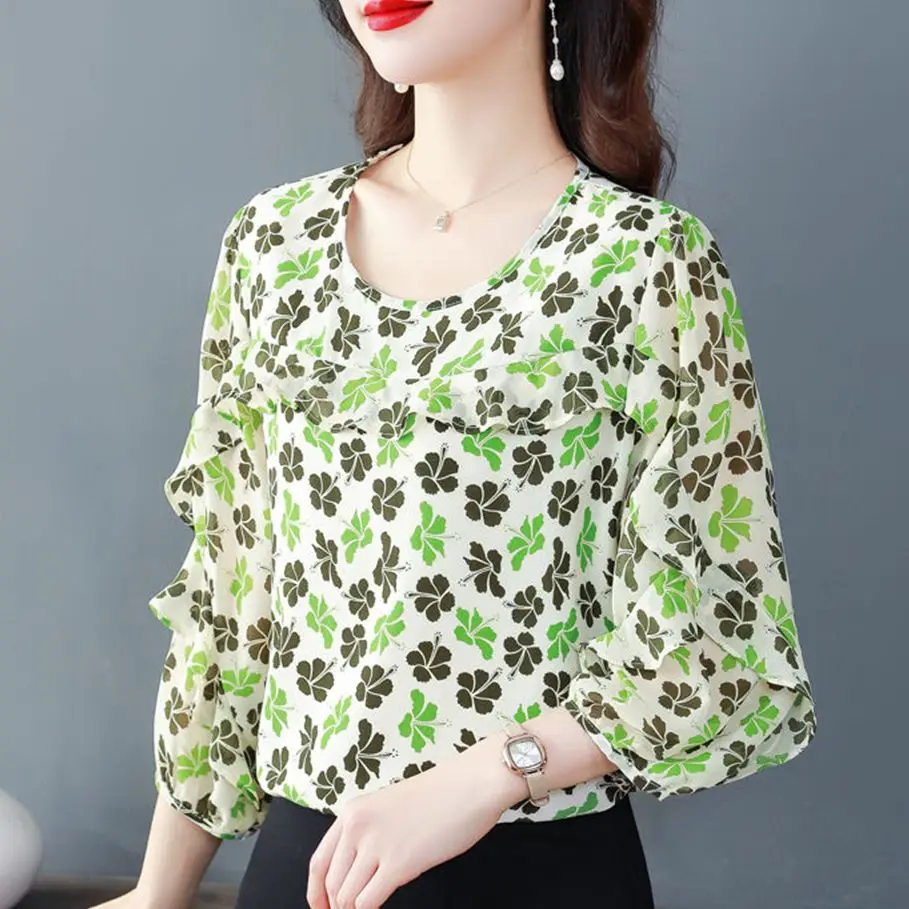 4XL Woman Spring Summer Style Chiffon Blouses Shirts Lady Casual Short Puff Sleeve O-Neck Polka Dot Printed Blusas Tops G2733