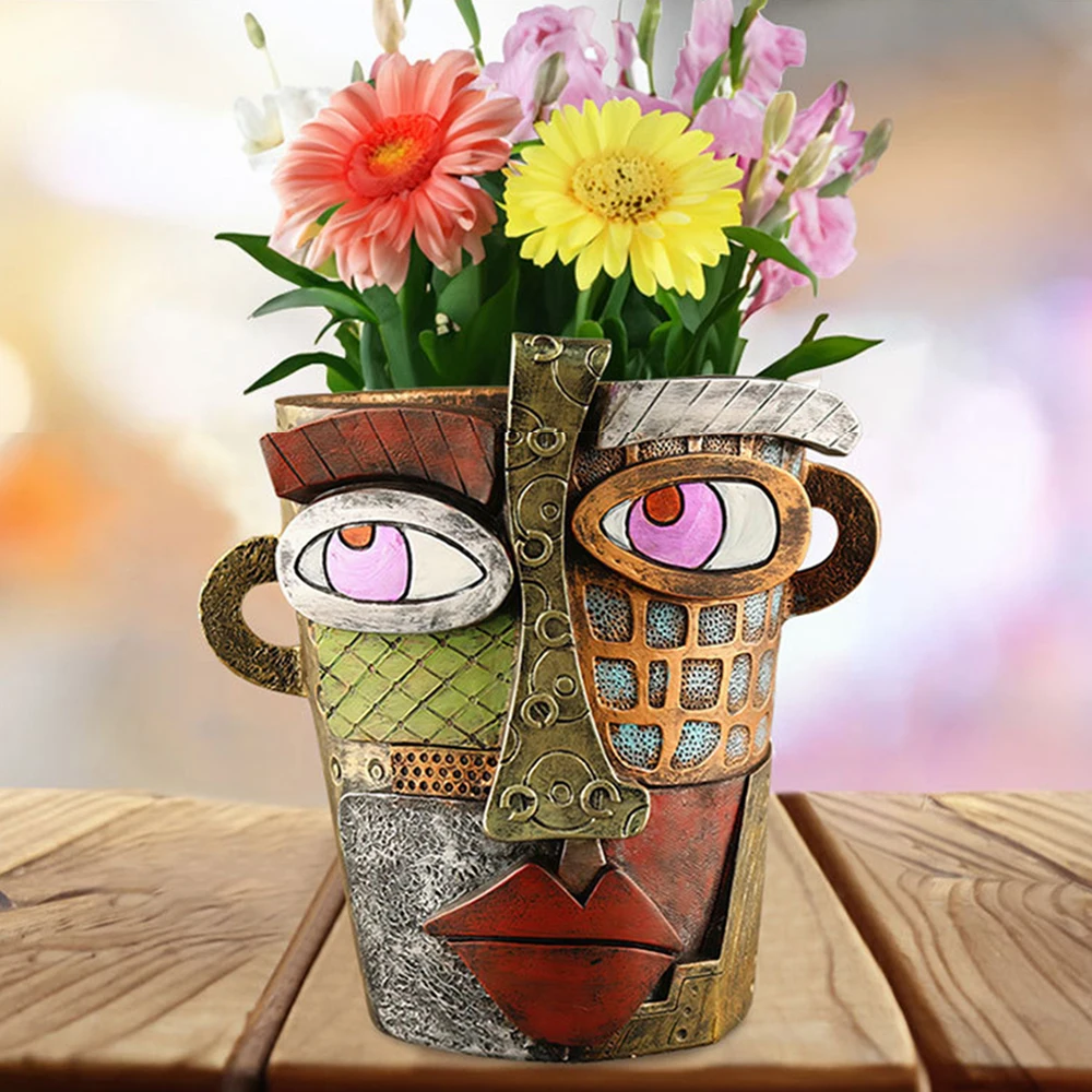 

Resin Garden Crafts Funny Vase Retro Face Colorful Abstract Flower Pot Garden Decor Ornament Balcony Creative Potted Plant Pots