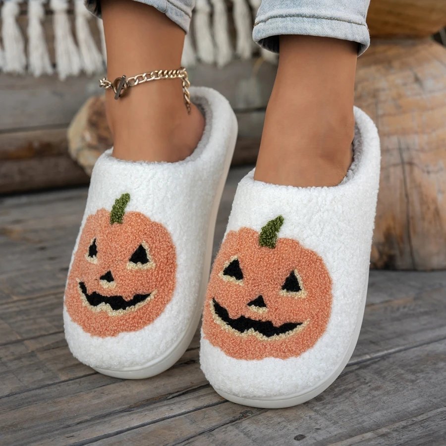 Women's Slippers Halloween Pumpkin Pattern Winter Indoor Warm Cute Soft Bedroom Non-slip Leisure Plush Shoes