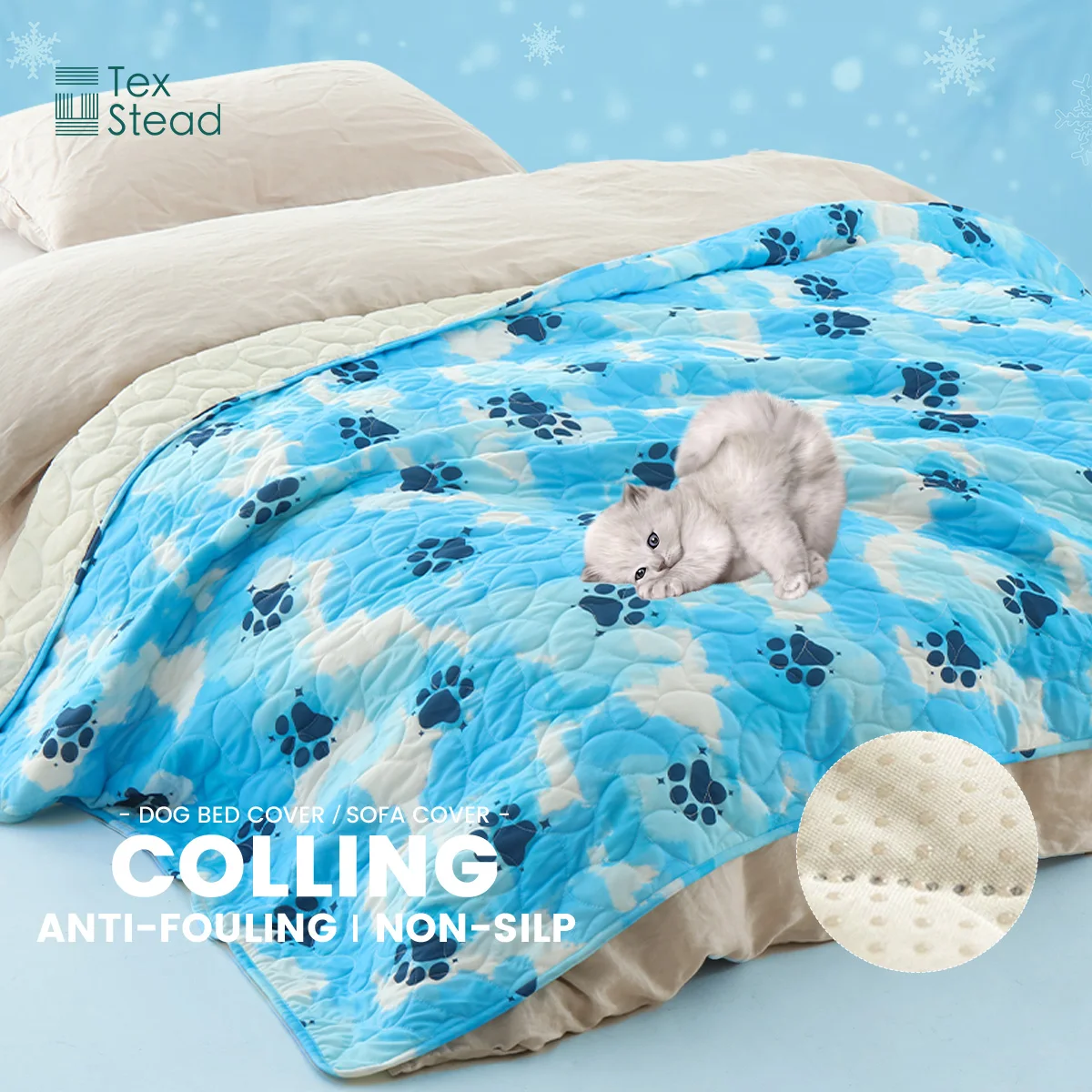 TexStead Blue Paw Print Cooling Mat for Dogs & Cats, Breathable Washable Pet Bed Cover with Non-Slip Backing, Summer Anti-Foulin