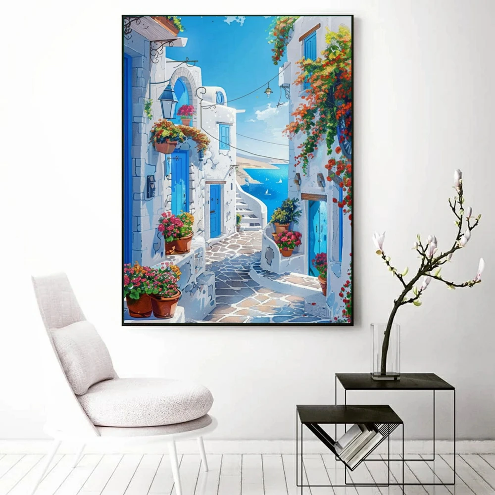 DIY الماس اللوحة الجمال الأزرق اليونان سانتوريني وجزيرة Mykono مشهد 5d الحفر الفن بحر إيجه المشهد عبر غرزة ديكور