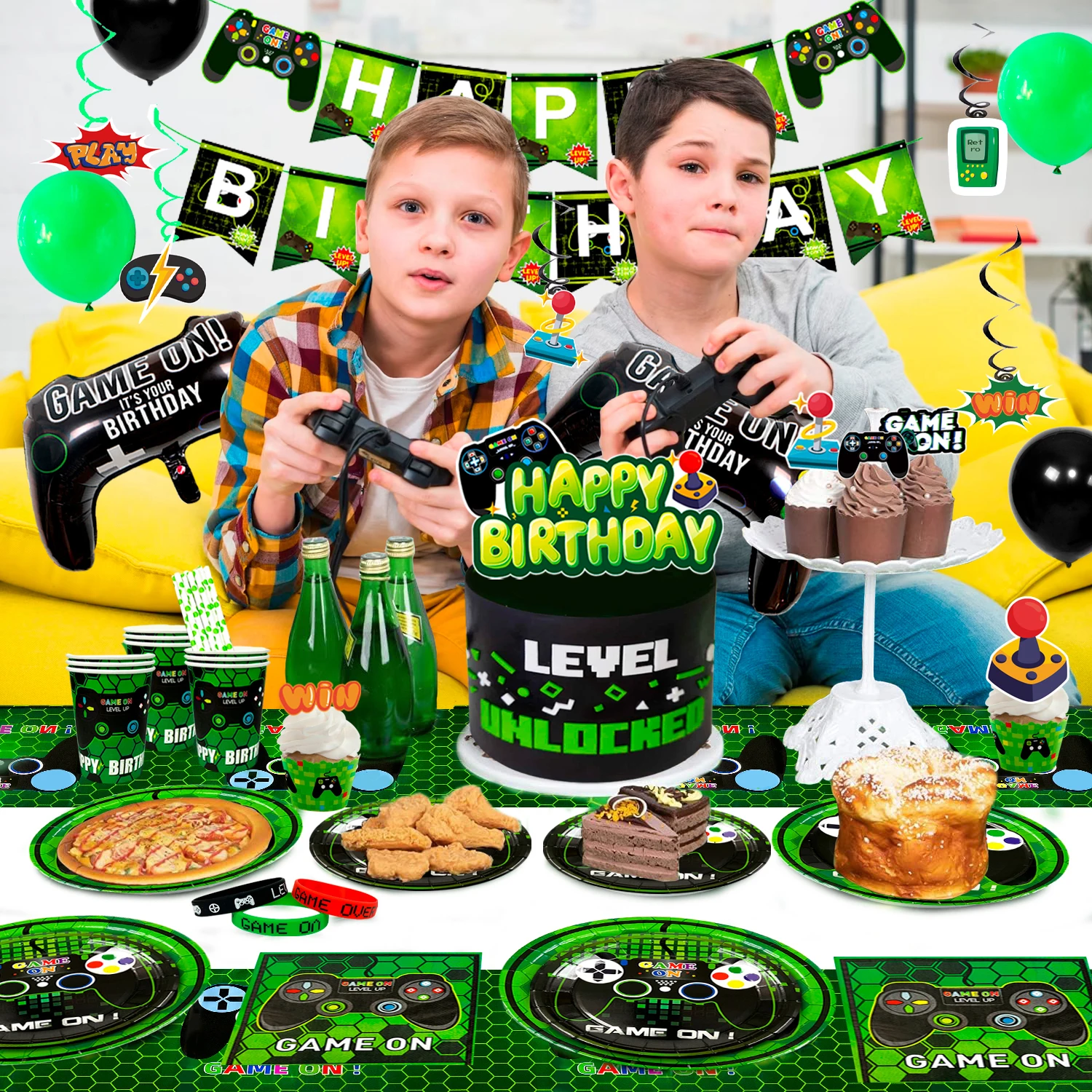 Videogame verjaardagsfeestje decoraties voor jongens, 132 stuks verjaardagsdecoratie en servies set-borden kopjes servetten tafelkleed ballonnen