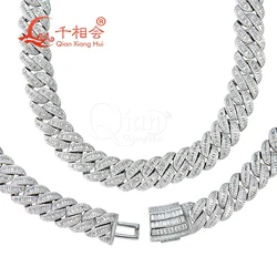 S925 Silver Necklace with 15mm Baguette Half Moon Cuban Link White Moissanite Iced out Hip Hop Chain Jewelry for Women And Men