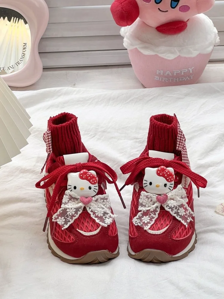جديد سانريو مرحبا كيتي الفتيات الأطفال أحذية رياضية ربطة القوس فيونكة طفل أحذية تنس لينة أسفل الخريف احذية الجري أحذية رياضية عدم الانزلاق