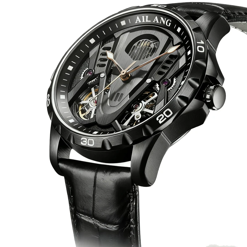 

Moon Phase Black Double Tourbillon Watch Men Automatic Mechanical Wristwatch Leather Male Clock Waterproof Relogio Masculino