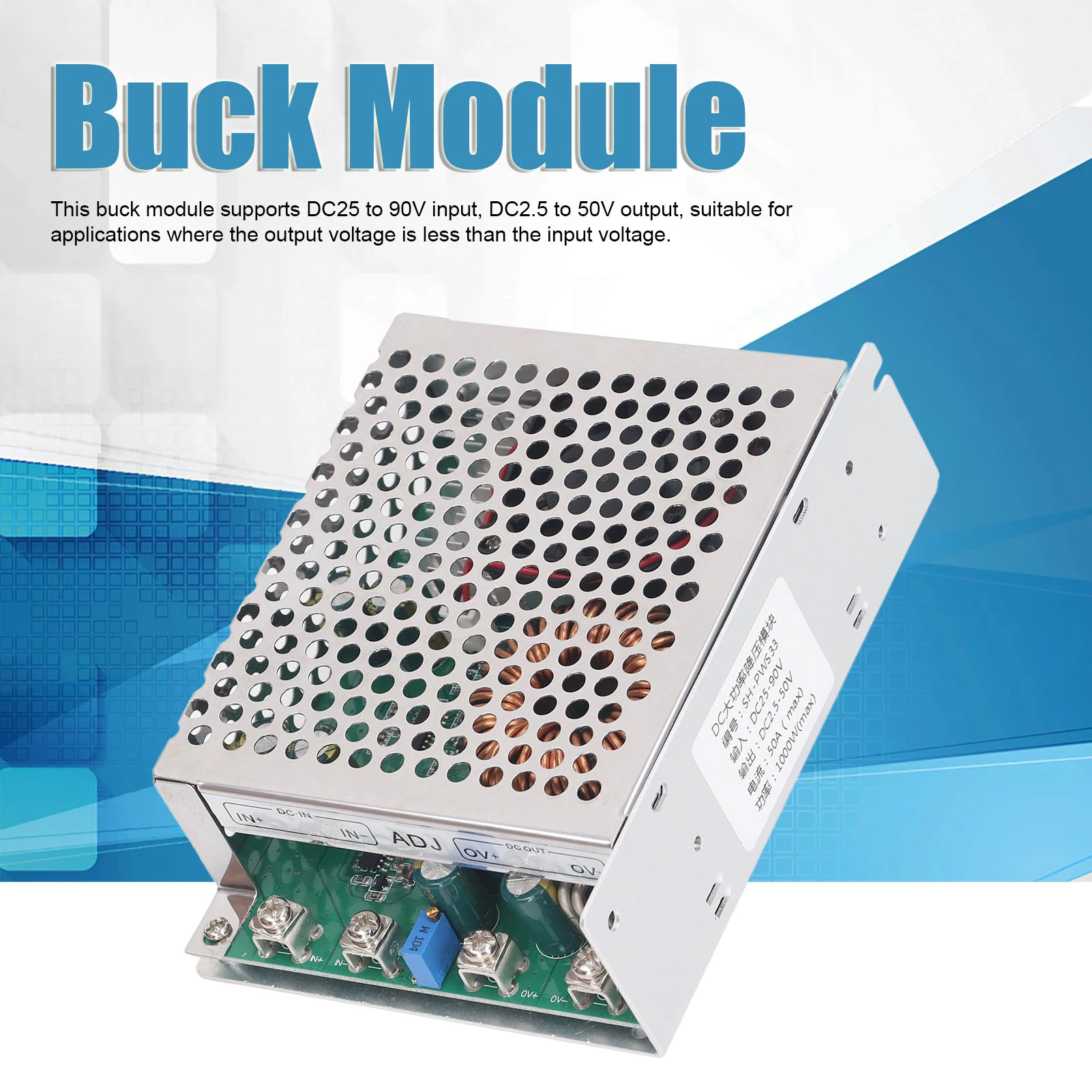 

Модуль понижающего преобразователя постоянного тока 50A 1000W, вход DC25‑90V, выход DC2.5‑50V, регулируемый, с вентилятором охлаждения.
