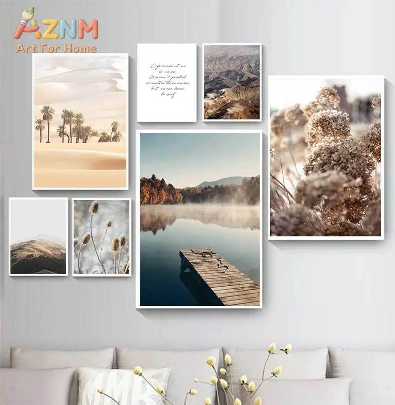 AZNM Neutral Boho Nature Canvas Wall Art Lake Wooden Pier Desert Palm Dried Flower Mountain Inspirational Text Print for Living