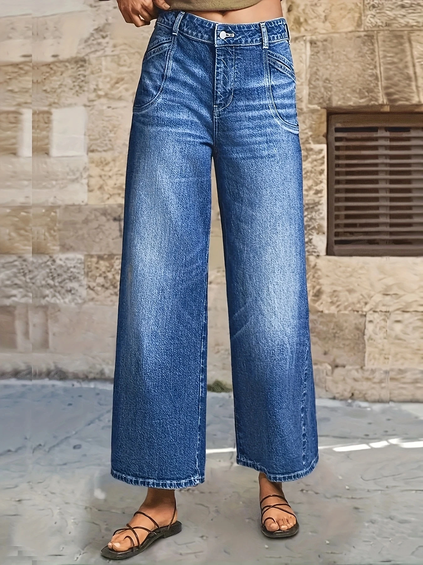 

Women's high waisted loose wide leg straight leg style, simple and casual light blue denim pants
