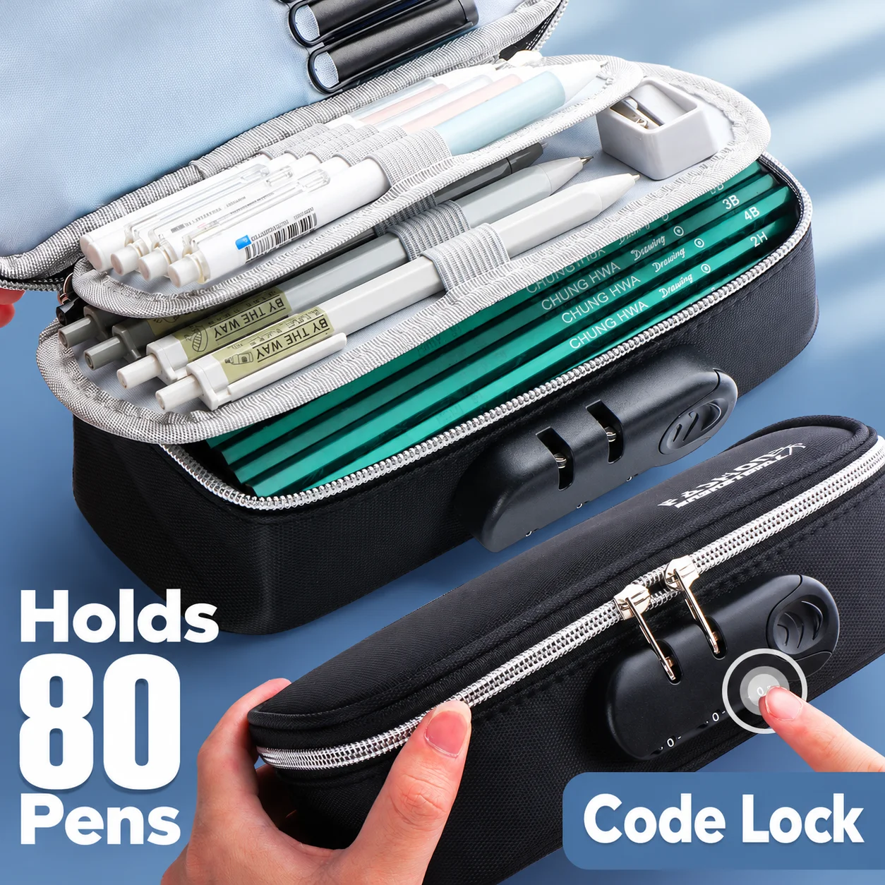 Large Capacity Pencil Case 4 Layer Multifunction Pen Bag with Combination Lock 80 Pens Storage Organizer Fits 20cm Ruler School