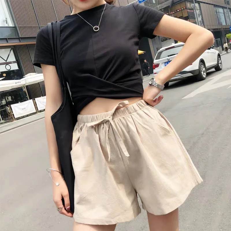 Korean fashion linen shorts women cotton workout shorts short pants high waisted women shorts sport femme black short femme