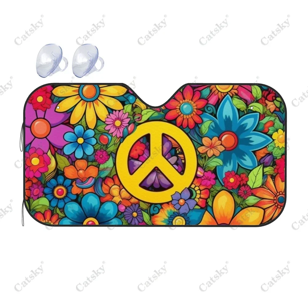 Hippie Vibes Retro Peace Signs Car Windshield Sunshade, Front Auto Car Windshield Sun Shade Blocks Uv Rays Sun Visor Protector