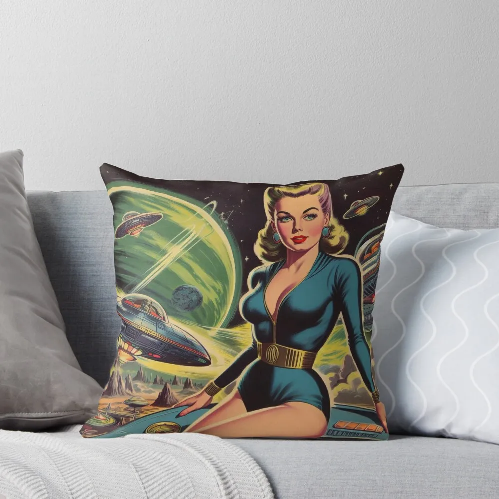 Vintage Sci-Fi Space Pin Up Throw Pillow Elastic Cover For Sofa Luxury Pillow Cover pillow