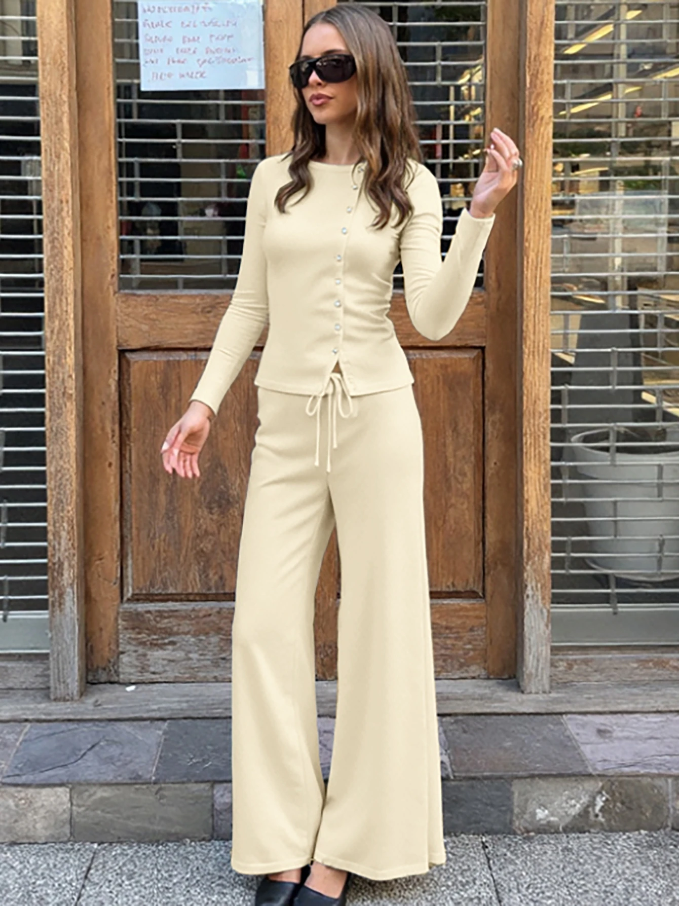 Dulzura Solid Casual 2 Piece Pants Set O-Neck Long Sleeve Single Breasted Cardigan Long Flare Pants Matching Set Party Clubwear