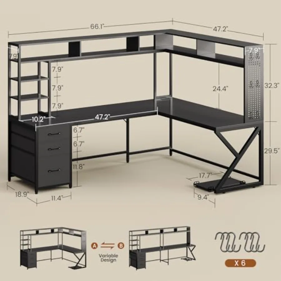 L Shaped Gaming Desk with Storage Shelves, Hutch, Drawers for Home Office Use, Engineered Wood in Black, Spacious Surface and O