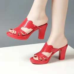 8cm Small Size 32-43 Summer Elegant Block High Heels Slides Platform Shoes 2024 Women's Soft Leather Slippers Party Model