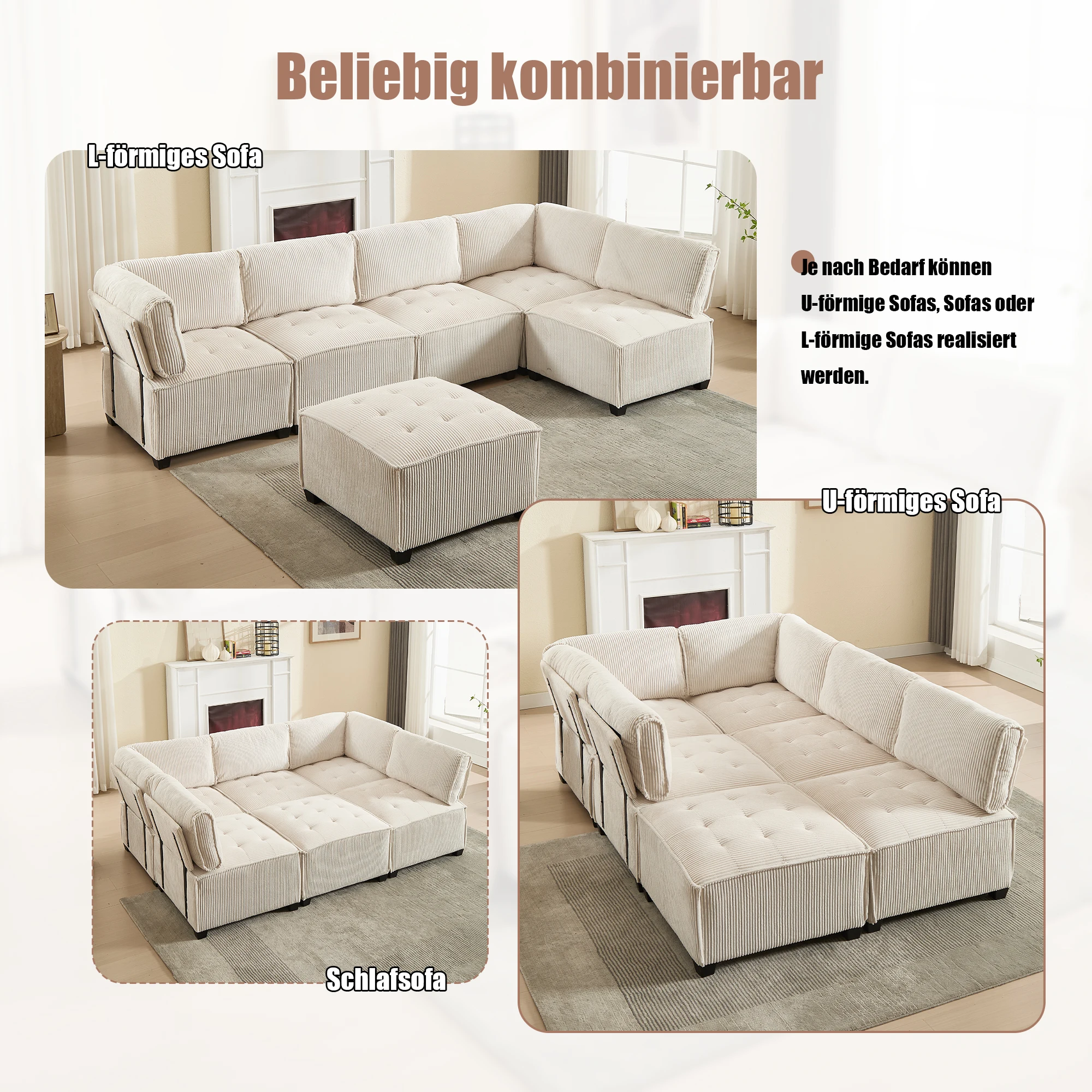 Sofa Modulares 6-Sitzer-Sofa, Kordelstoff, ergonomisch, Aufbewahrungstaschen, flexibel kombiniert als U-Form/L-Form/Sofabett – Detail 6
