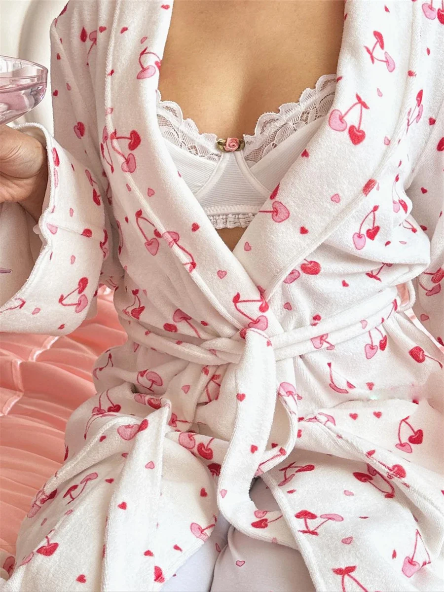 Robe Women Cotton Floral Long Sleeve Nightwear Shower Bathrobe Kimono Cute Sweet Cherry Print Sleepwear Pajamas Gowns Robes