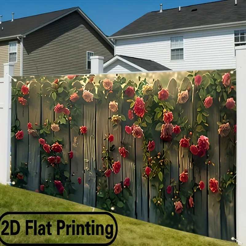 1 Stück 2D-Flachbanner – Polyester-Partybanner – Holzzaun-Garagenbanner mit Blumenmuster – strapazierfähiges Polyestergewebe