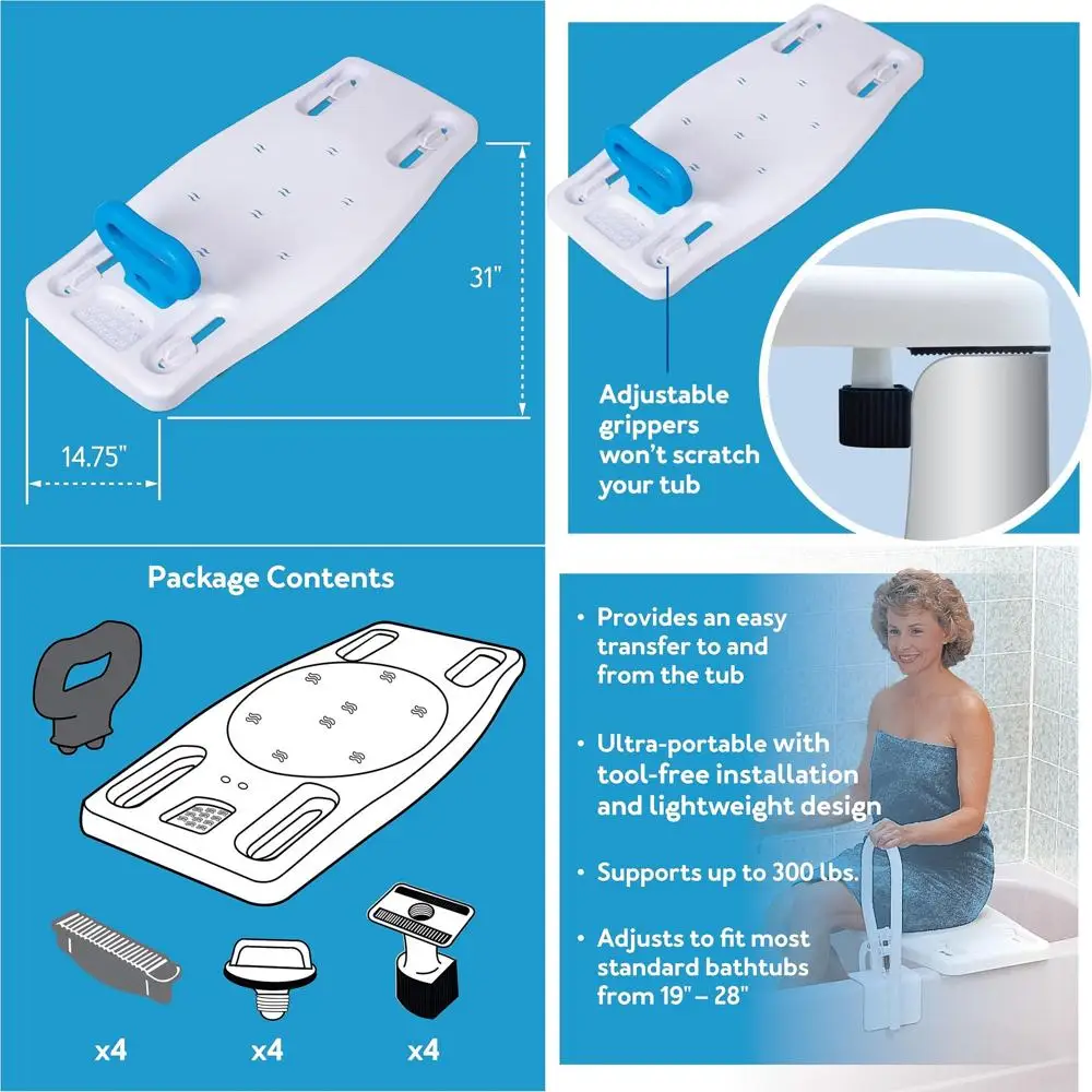 

Adjustable Shower Seat with Comfortable Contoured Design, Fits Tubs 19-28 Wide, Supports 300 lbs, Portable and Compact Storage