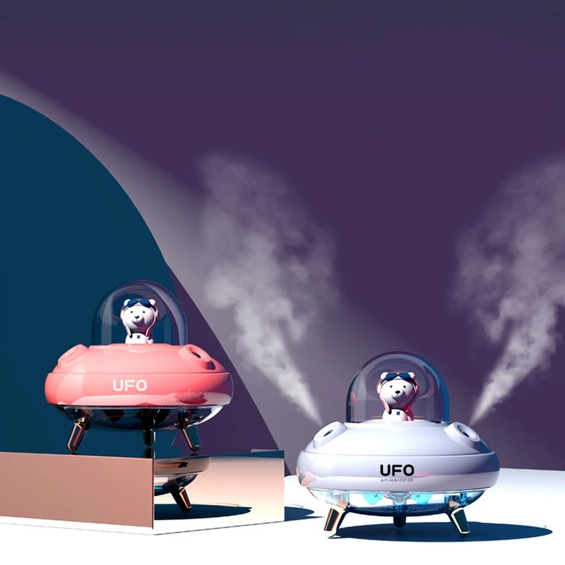 듀얼 노즐 UFO 가습기 데스크탑 공기 가습기, 귀여운 행성 곰 LED 조명, 초음파 아로마 에센셜 오일 디퓨저