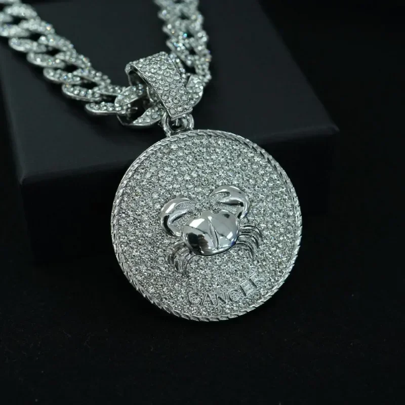 New Cancer Zodiac Pendant Necklace, Round Disk Cuban Chain, Symbol of Strength Hip-Hop Jewelry for Men and Women