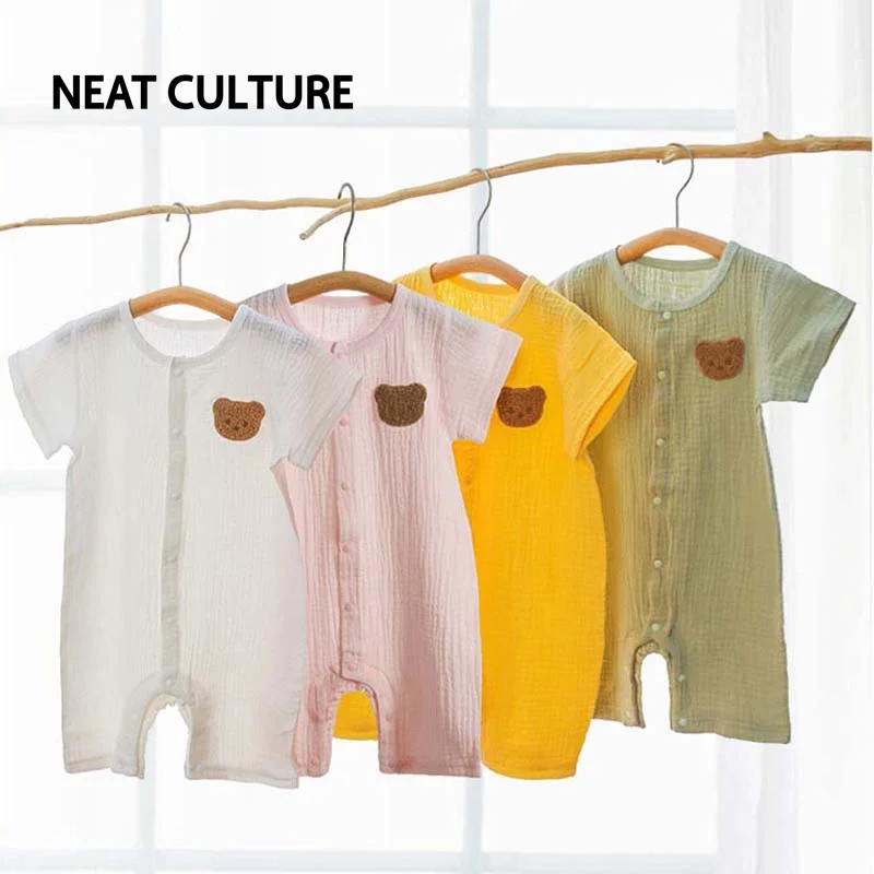 Baby Romper Muslin Short Sleeves Jumpsuit for Girls Boys Cute Bear One-Pieces Clothing Newborn Summer Thin Bodysuits