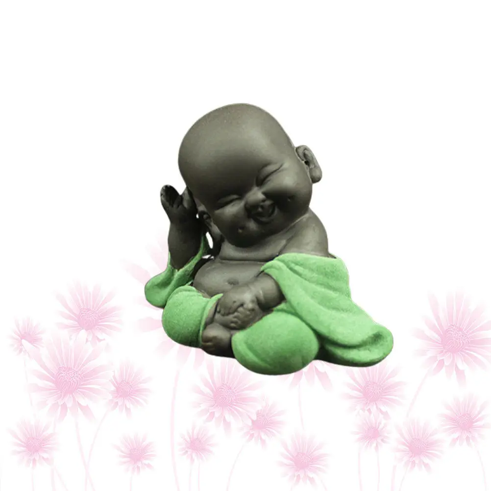 Tea Pet Buddha Statue Ceramic Light Green Hand Carved Mini Sitting Buddha Honest Smile Fengshui Home Desk Office Decoration