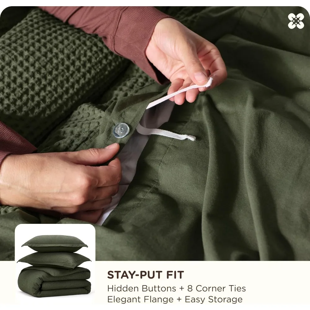 غطاء لحاف من القطن من Bedsure كامل - مجموعة غطاء لحاف من القطن بنسبة 100% من نسيج الوافل باللون الأخضر الزيتوني، GentleSoft ™ ومجموعة الفراش تنفس f #5