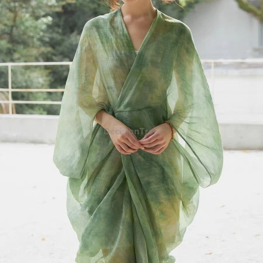 Elegant Chinese style Hanfu Dress Tie-dye Effect Green Printed Loose Robe With undear dress Fairy Women Summer Daily Dress Set view 2
