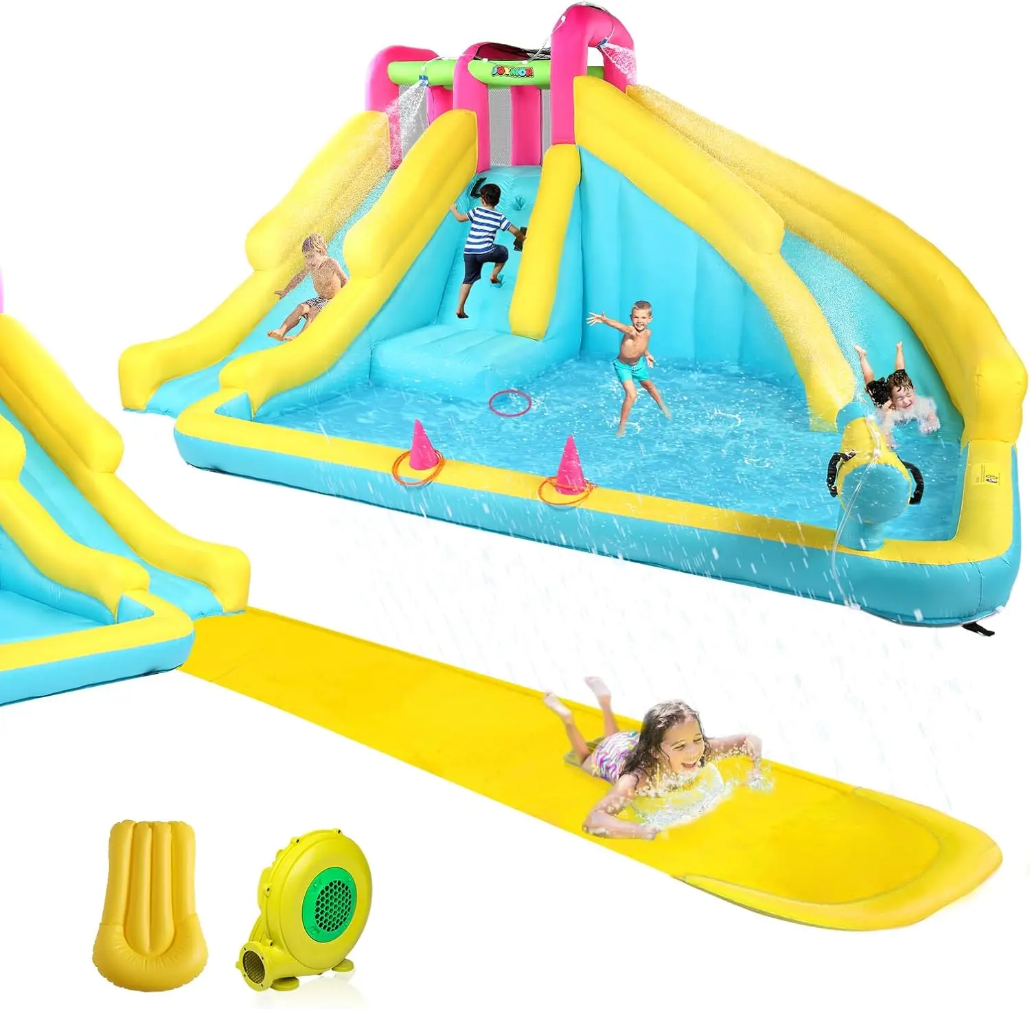 Corrediça de água inflável com corrediça de água de gramado de 20 pés e bodyboard, correios de água para quintal infantil com mola e piscina, sopro de 1min
