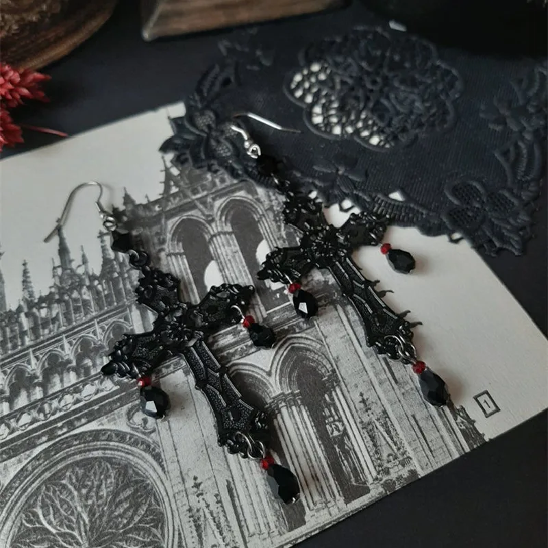 Gothic Witch Black Cross Crystal Chandelier Earrings Ladies Gifts Korean Fashion Retro Steampunk Jewelry Victoria Jewelry