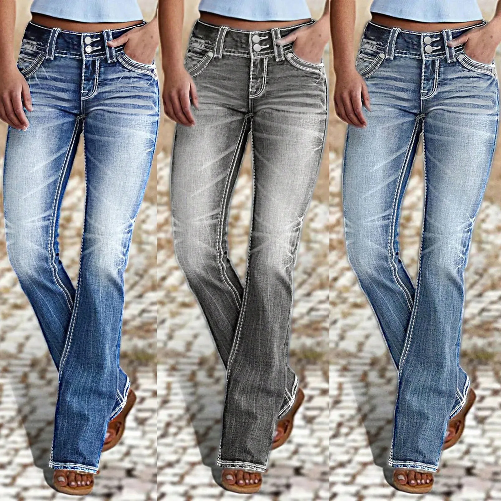 

Retro Jeans For Women Stretch Denim Jeans Mid Waist Button Zipper Closure Stretchy Denim Pants Slim Fit Flared Trousers