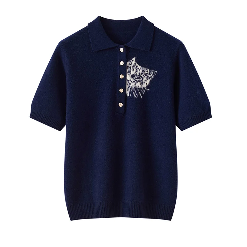 

Abstract Art 100% Pure Cashmere Women'S Polo Collar Jacquard Kitten Knit Short Sleeve Loose Slimming Base Shirt T-Shirt