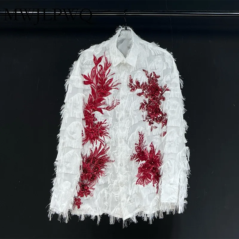 

MWJLPWQ 2025 New Red Floral Print Design Shirt Men's High Street Lapel Single Breasted Loose Casual Long Sleeve Tops Tide 010968