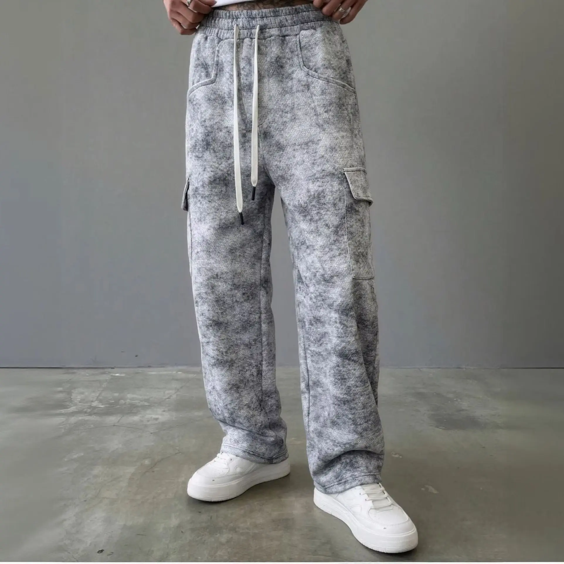 Casual Men Tie‑Dye Print Cargo Straight Trousers Multi‑Pocket Elastic Waist White Drawstring Loose‑Fit Male Streetwear Pants