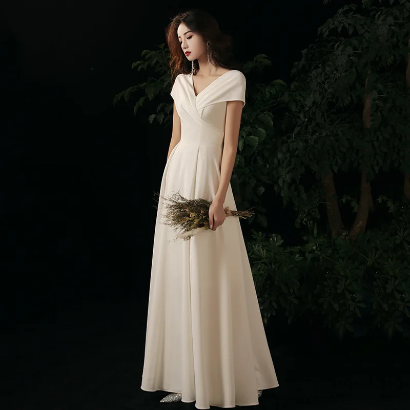 

White Evening Gown 2024 New Autumn Winter Ball Ele Satin Wedding License Travel Photoaphy Light Wedding Dr V Ne