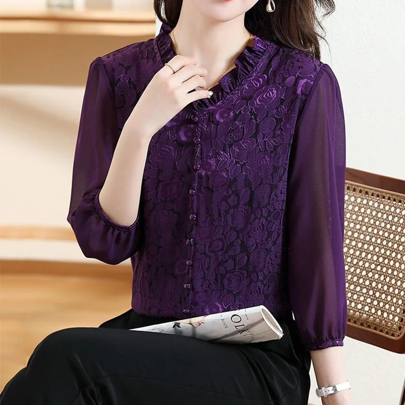 2024 New Summer Chic Elegant Fashion Bohemian Retro Office Lady Women\'s Shirt Lace Solid Color Print V Neck 3/4 Sleeve Y2K Tops