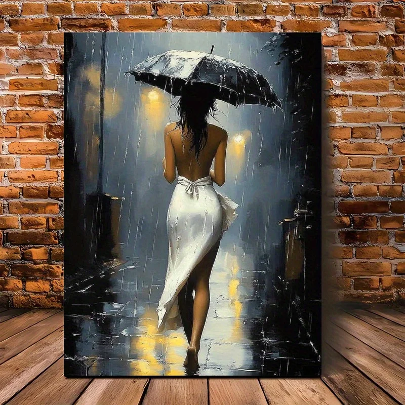 [Eleganter Stil] Romantische Regennacht-Leinwandkunst mit Rahmen – Elegante Regenschirm-Straßenszene, perfekt für Wohnzimmer, Schlafzimmer