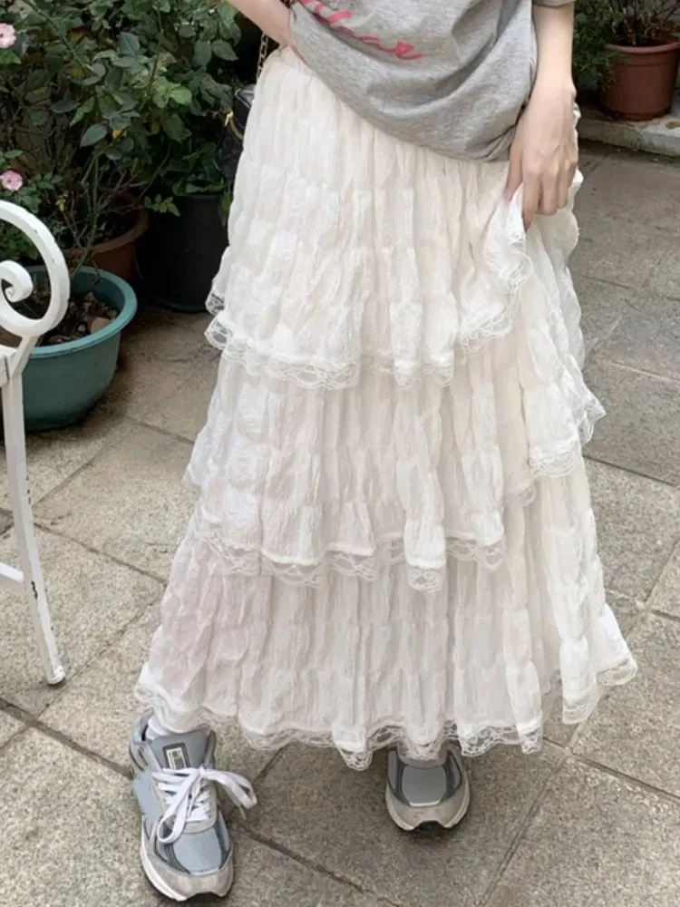 Goth Lolita Letnia Spódnica z Wysokim Stanem, Asymetryczna, Marszczona, Plisowana, Słodka Kawaii Biała Czarna Długa Spódnica Damska Koronkowa Spódnica Szydełkowa