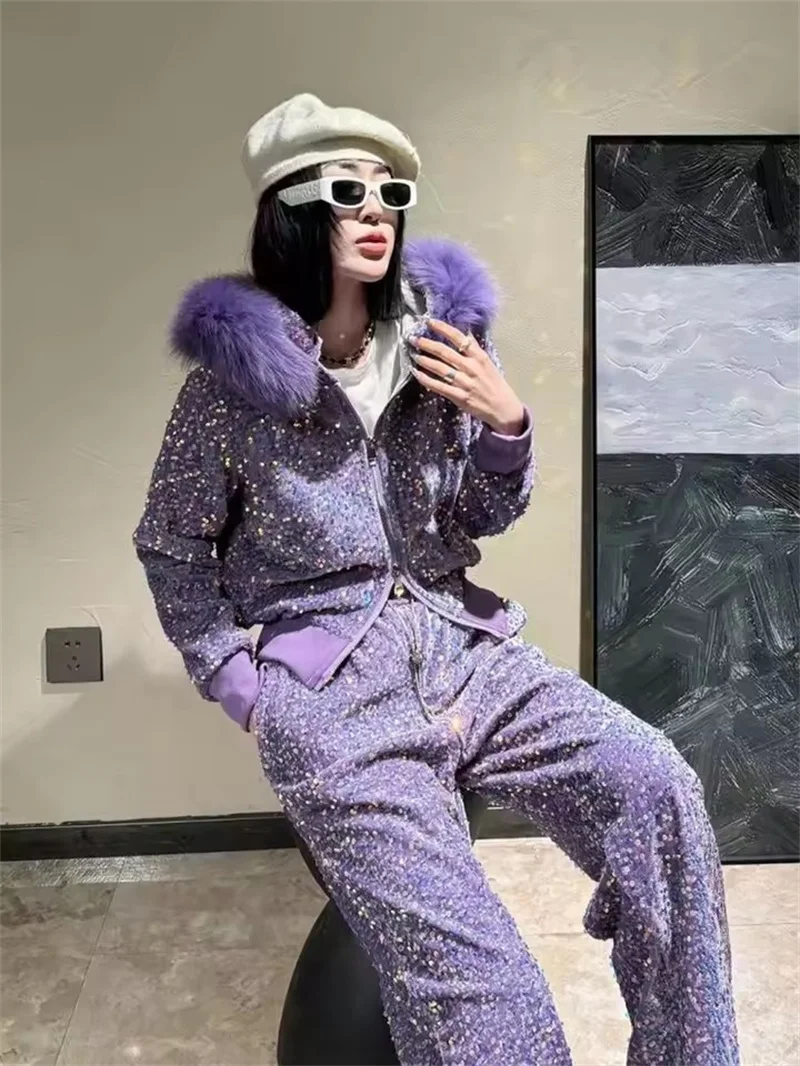

2025 Winter Fashion Sequin Two Piece Set Warm Women Big Fur Collar Hooded Sweatshirt High Waist Wide Leg Pants Vintage Outfit