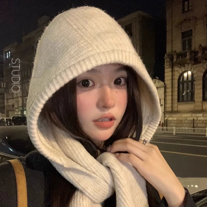 Knitted hat and scarf integrated women's autumn and winter new warm thickened ear protectors wool balaclava hat