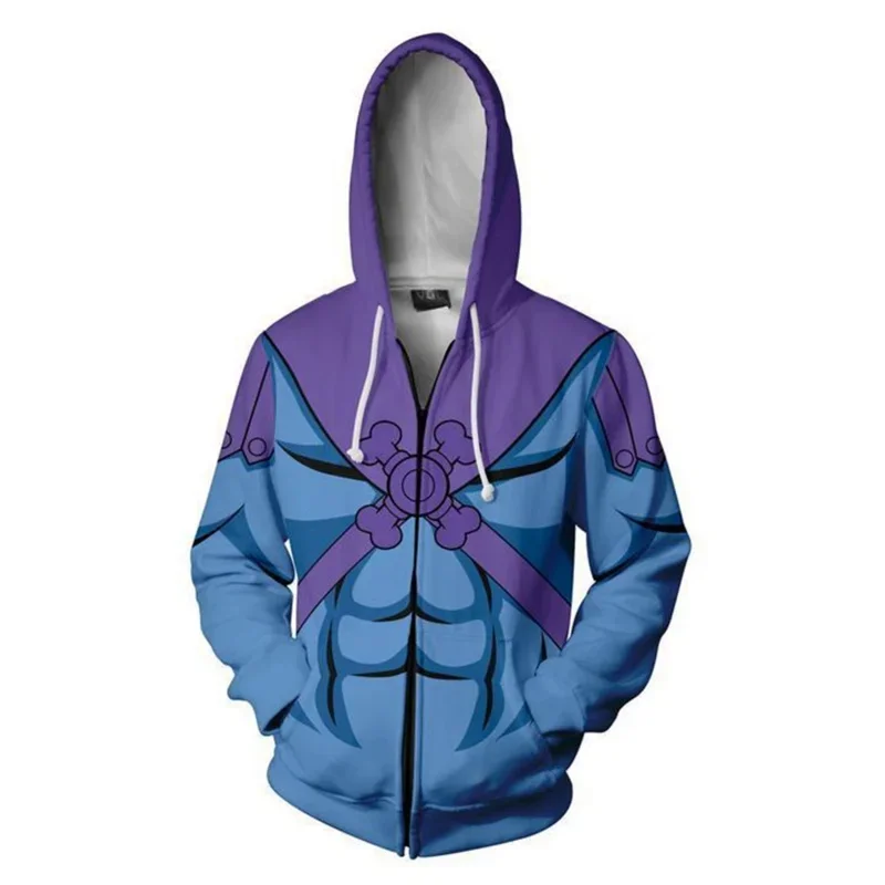 Costume de Cosxie He-Man avec fermeture éclair, sweat-shirt imprimé 3D, sweat à capuche de dessin animé, veste de mode, prix des tiques