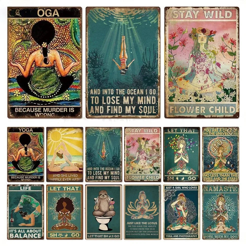 Vintage Yoga Posters Metal Tin Signs Decor Namaste Metal Plate Zen Posters for Meditation Home Living Room