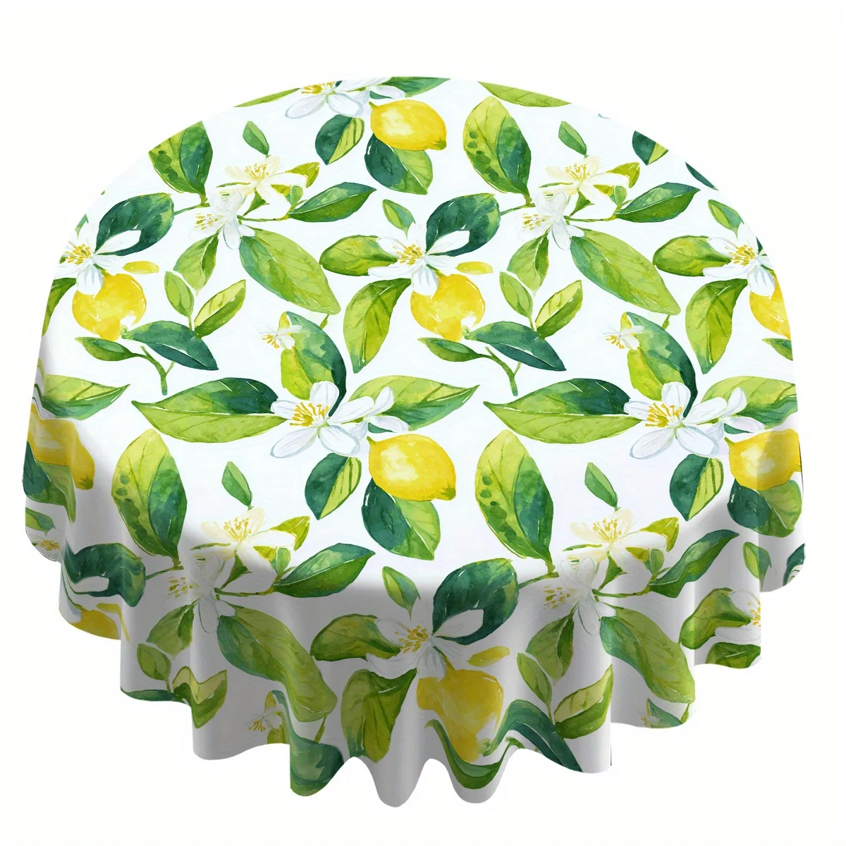 Fresh Lemon Green Leaves and White Flowers Pattern Digital Print Round Tablecloth 60 Inches Suitable for Various Scenes