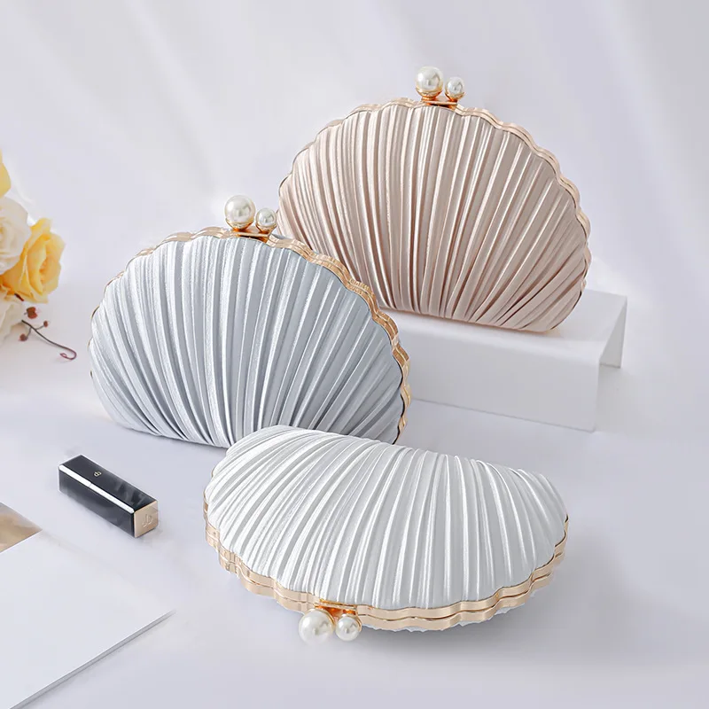

Elegant Shell Evening Bags For Women Pleated Party Wedding Dinner Bags Ladies Fashion Pearl Chain Clutch
