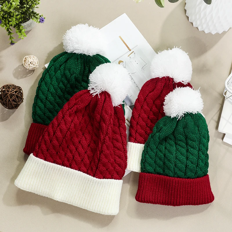 Adult Kid Fluffy Ball Christmas Knitted Hat Winter Beanie Parent-child Santa Hat Navidad Xmas Decoration New Year Party Kid Gift