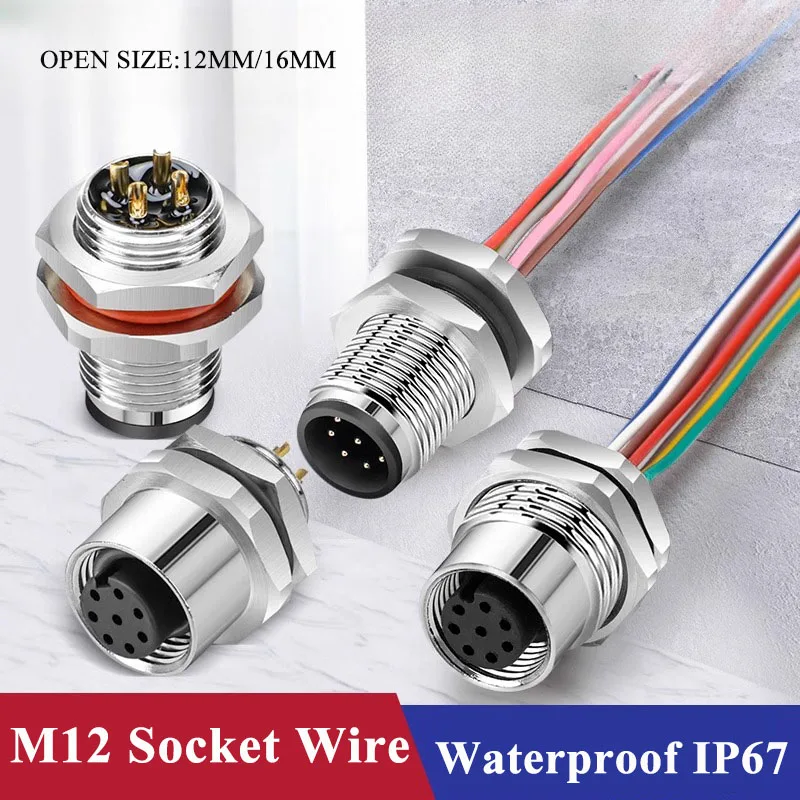 M12 Waterproof Socket with 20CM Cable IP67 22AWG 4 5 8 Pin Connector Cable Glued Integrated Board Mounted Fixed Panel Socket