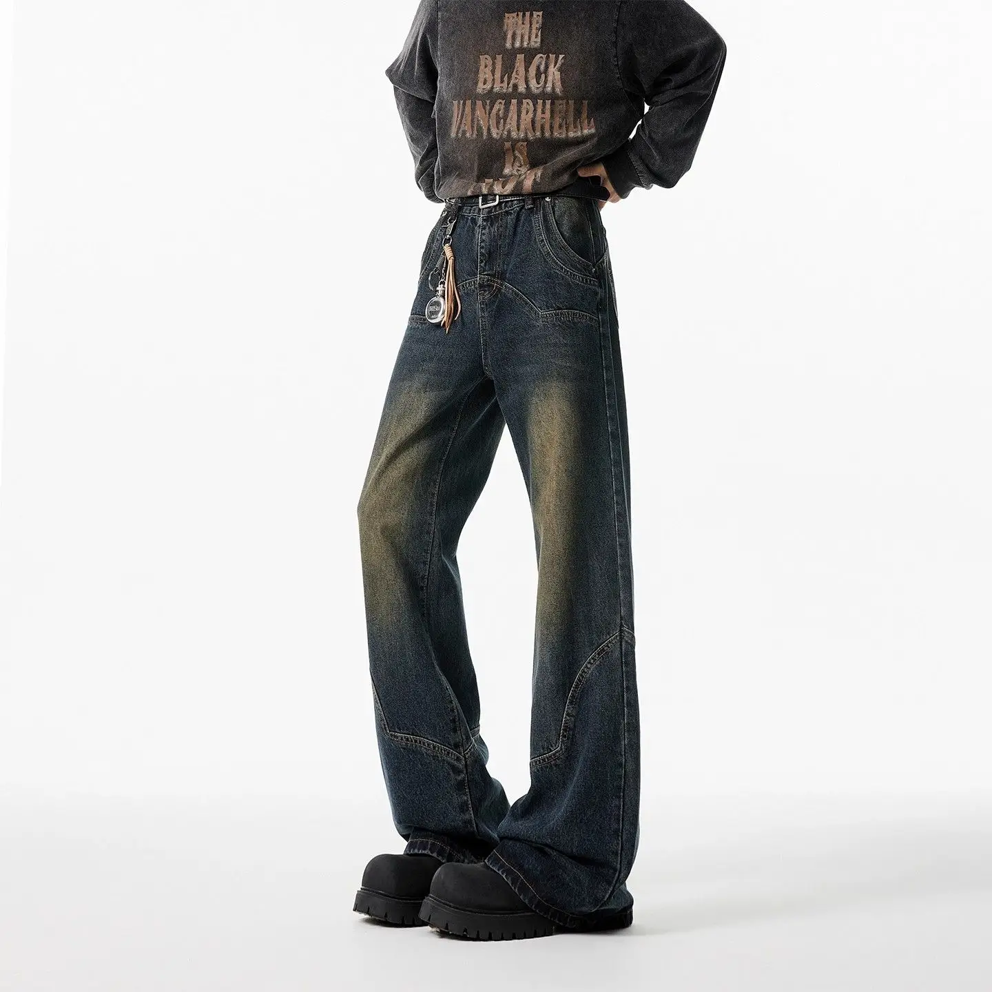 

Splicing Micro Flared Jeans Men's Spring And Autumn Loose Pants Trendy Brand American Washed Distressed Wide Leg Pants