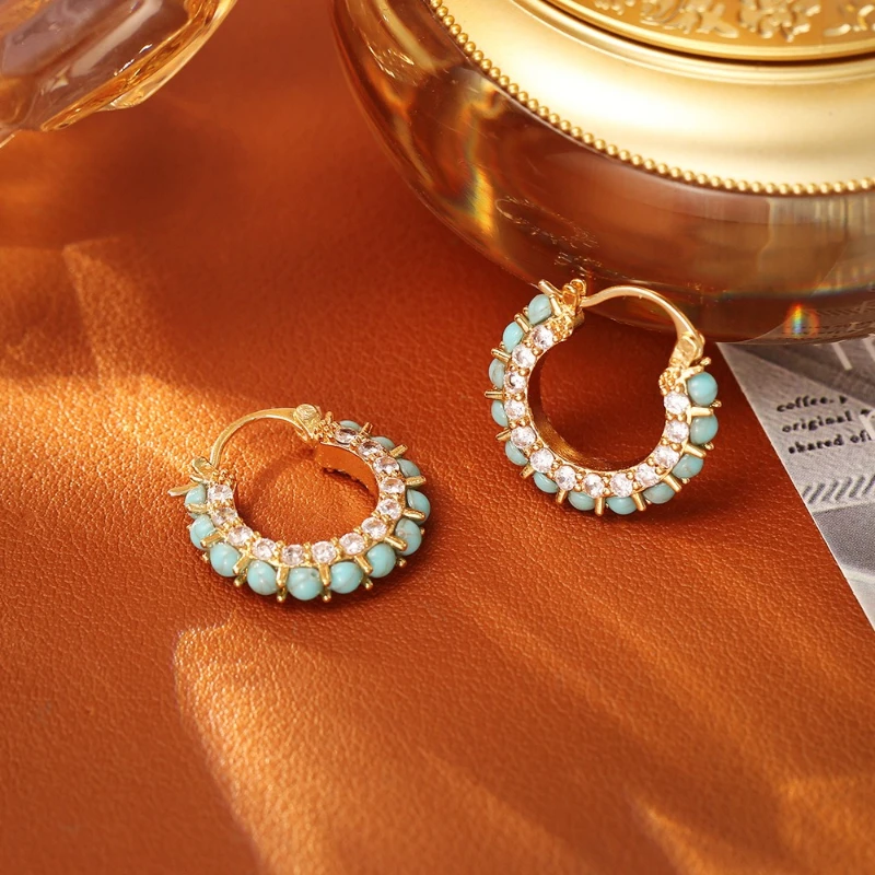 

Classical Style Turquoise Zircon Elegant and Simple Quality Women's Earrings Retro Jewelry Personalized Gift