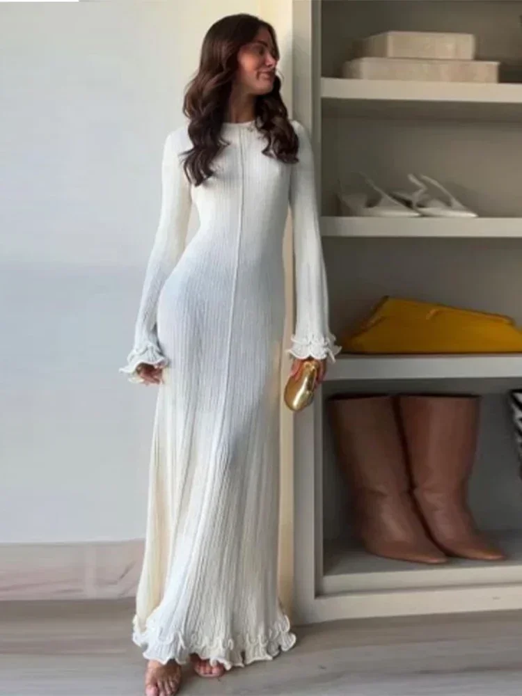 

Women Elegant Ruffle Hem Knit White Long Dress O-neck Flare Long Sleeve Backless Bandage Dresses 2024 New Evening Party Robes